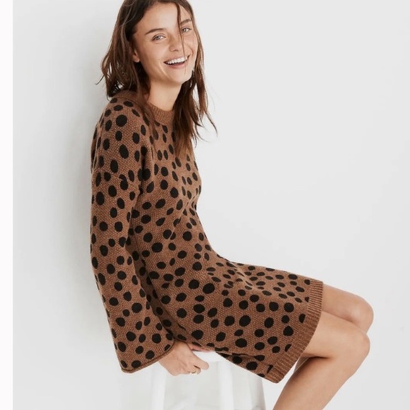 Madewell Sweaters - Madewell Polka Dot Crewneck Sweater Dress in Brown and Black Wool Blend